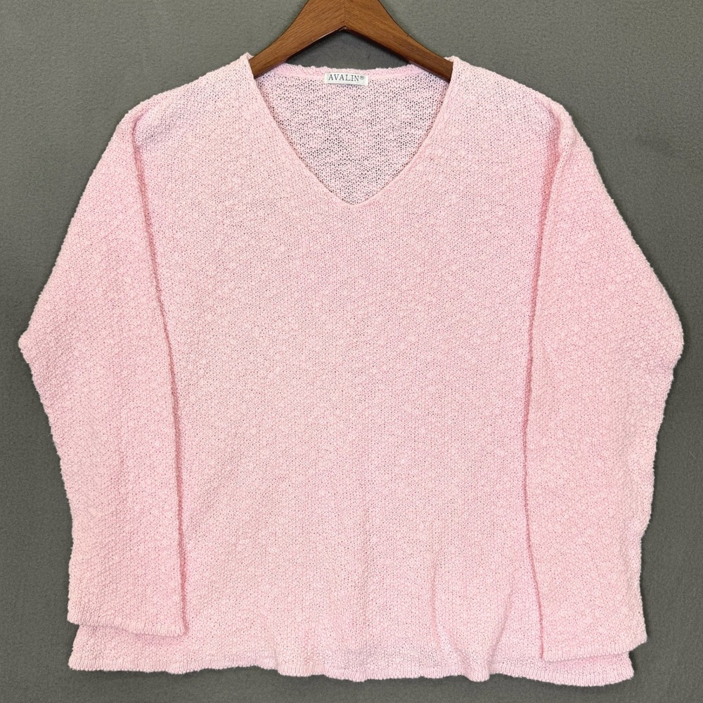Avalin Sweater Women L Pink V Neck Textured Knit Long Sleeve Pullover Top